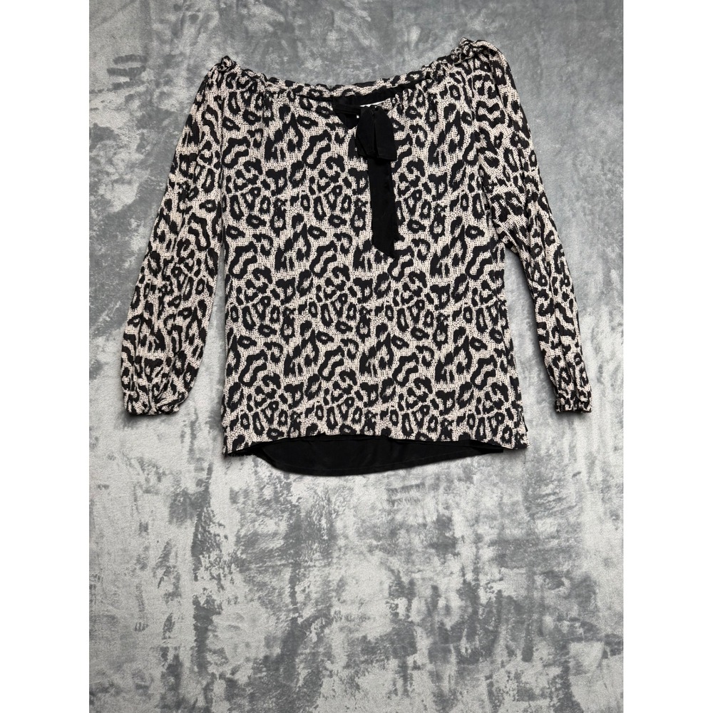 Joseph Plata Leopard Print Off Shoulder Tie Neck Blouse Medium